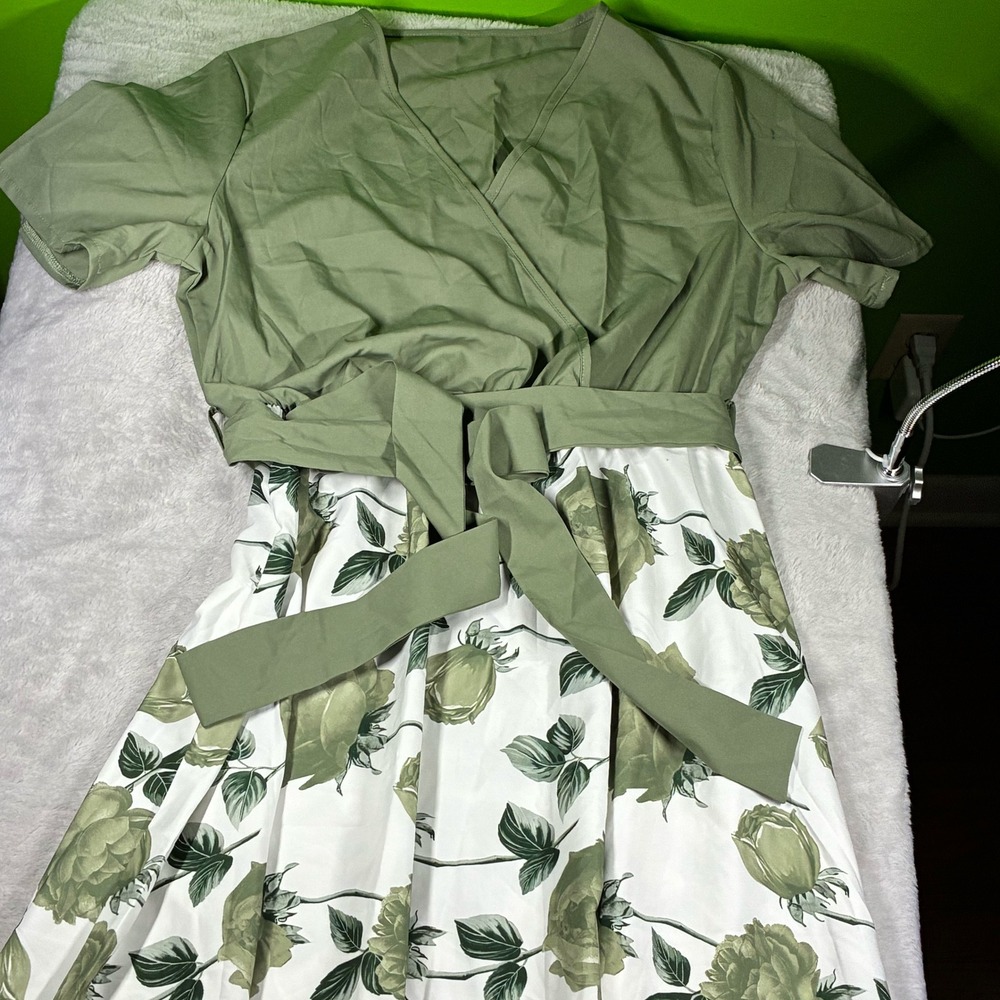 Sage Green Floral Wrap Midi Dress Short Sleeve V-Neck Rose Print Belted